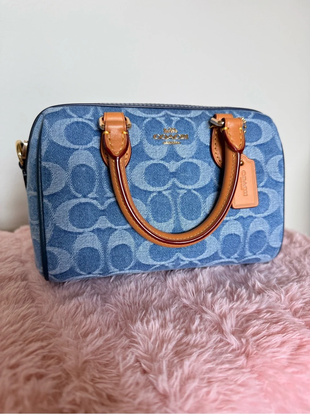 Coach Mini Denim Rowan Signature Satchel in Light Blue and Tan - Picture 2 of 9